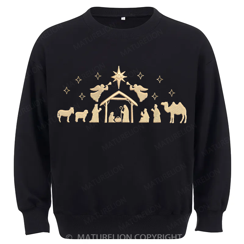 Maturelion Nativity Scene Embroidery  Christmas Cotton Sweatshirt