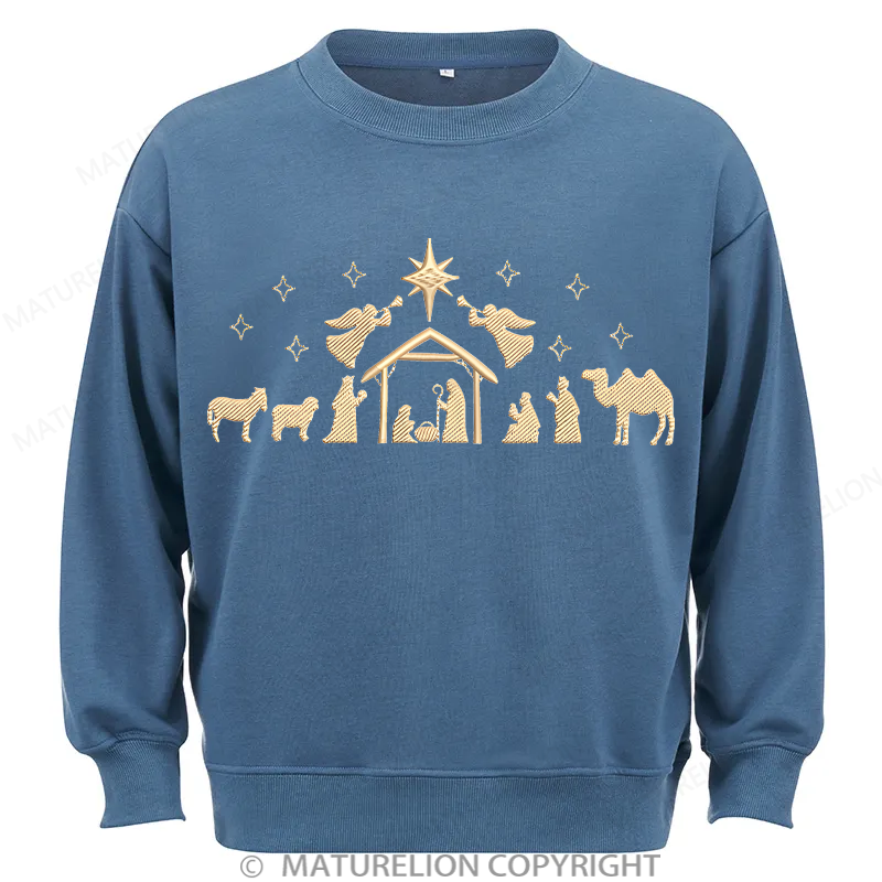 Maturelion Nativity Scene Embroidery  Christmas Cotton Sweatshirt