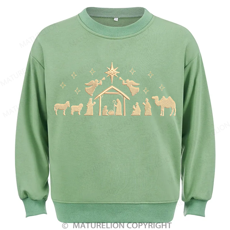 Maturelion Nativity Scene Embroidery  Christmas Cotton Sweatshirt