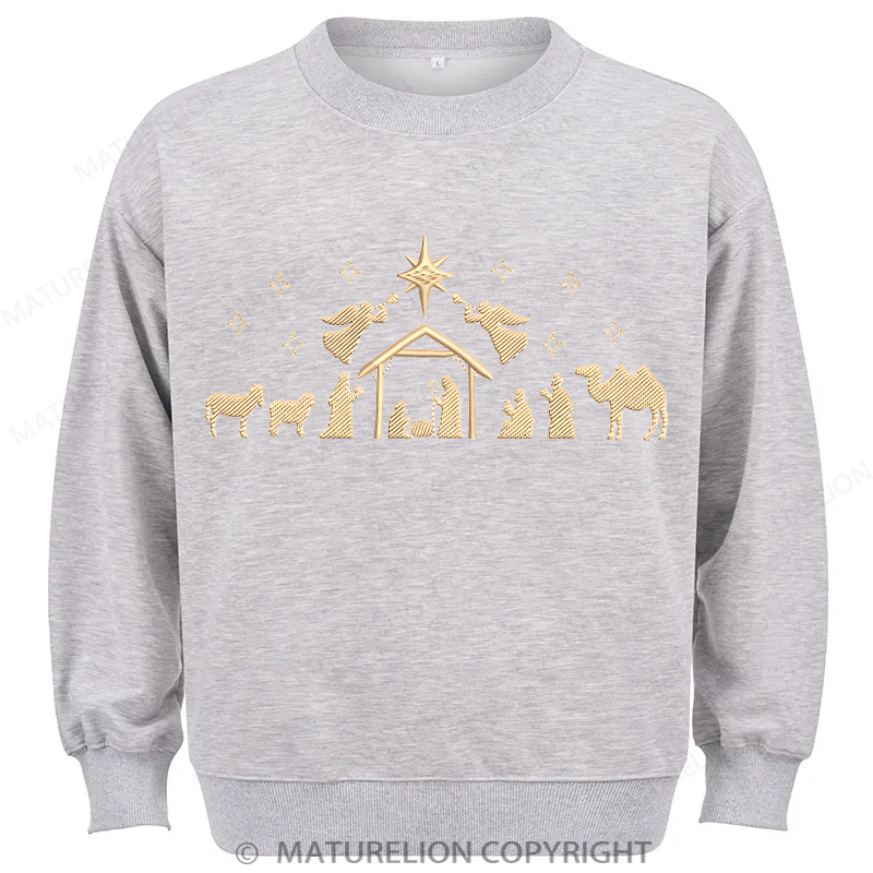 Maturelion Nativity Scene Embroidery  Christmas Cotton Sweatshirt