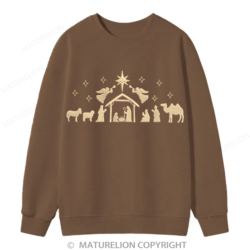 Maturelion Nativity Scene Embroidery  Christmas Cotton Sweatshirt