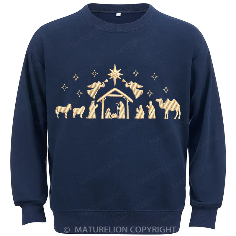 Maturelion Nativity Scene Embroidery  Christmas Cotton Sweatshirt