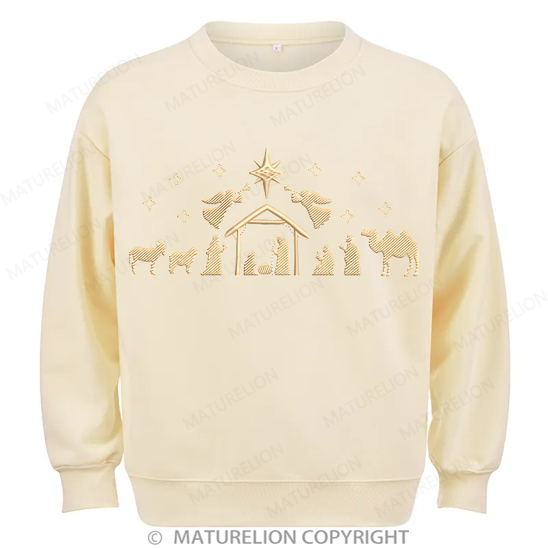 Maturelion Nativity Scene Embroidery  Christmas Cotton Sweatshirt