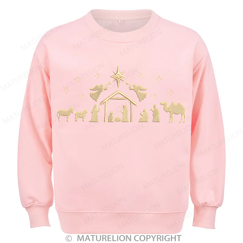 Maturelion Nativity Scene Embroidery  Christmas Cotton Sweatshirt