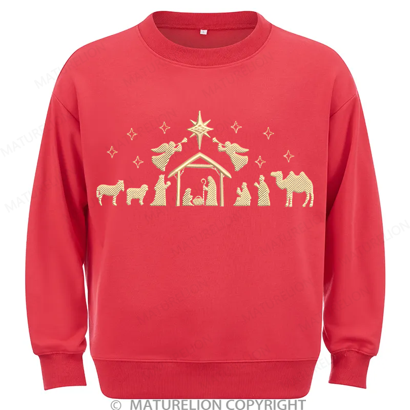 Maturelion Nativity Scene Embroidery  Christmas Cotton Sweatshirt