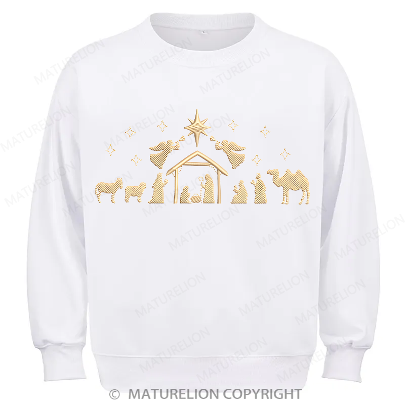 Maturelion Nativity Scene Embroidery  Christmas Cotton Sweatshirt