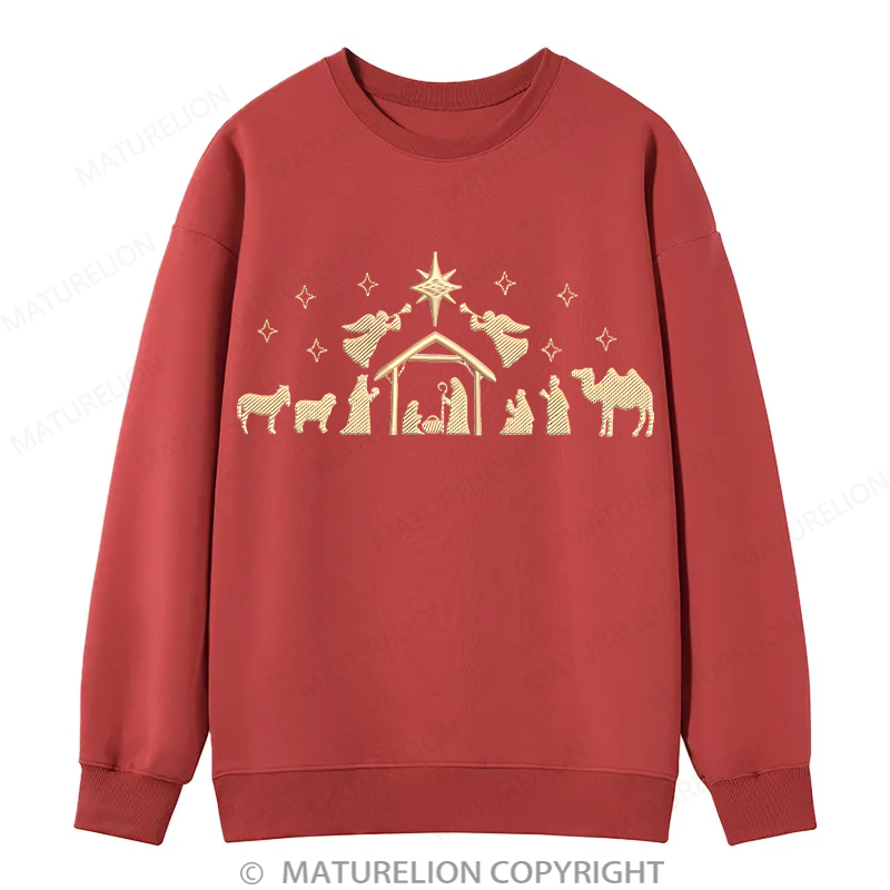 Maturelion Nativity Scene Embroidery  Christmas Cotton Sweatshirt
