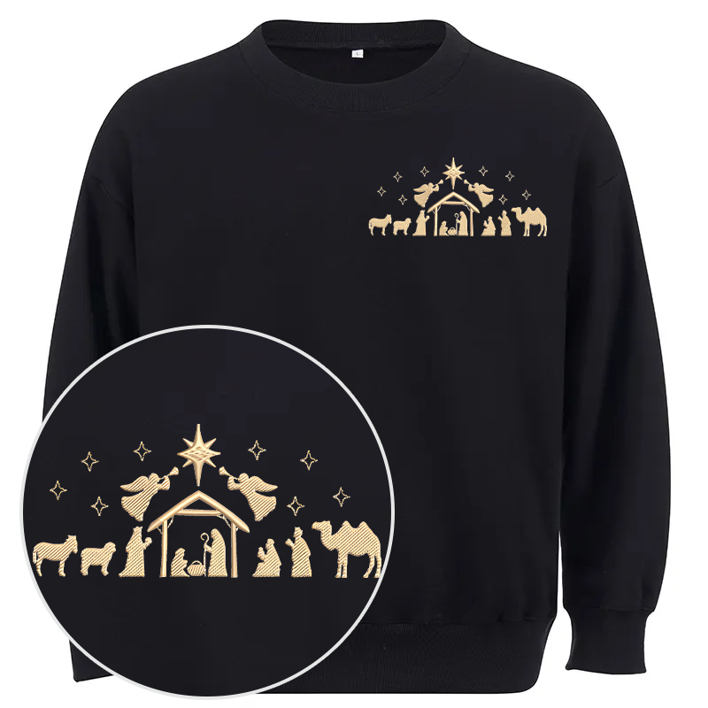 Maturelion Nativity Scene Embroidery  Christmas Cotton Sweatshirt