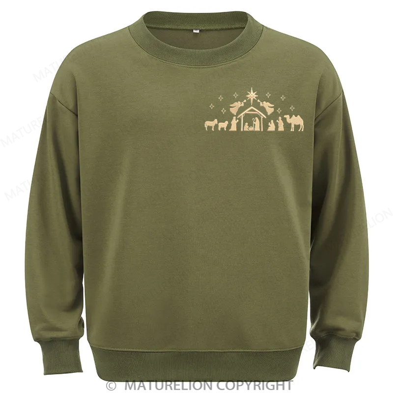 Maturelion Nativity Scene Embroidery  Christmas Cotton Sweatshirt
