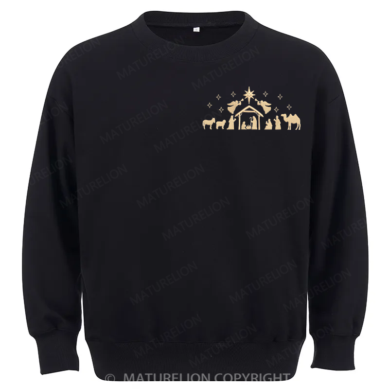 Maturelion Nativity Scene Embroidery  Christmas Cotton Sweatshirt