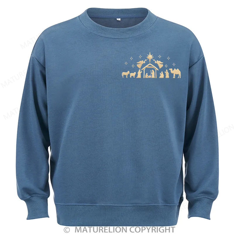 Maturelion Nativity Scene Embroidery  Christmas Cotton Sweatshirt