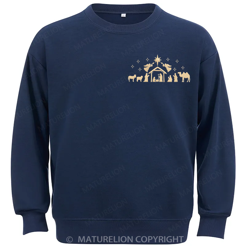 Maturelion Nativity Scene Embroidery  Christmas Cotton Sweatshirt