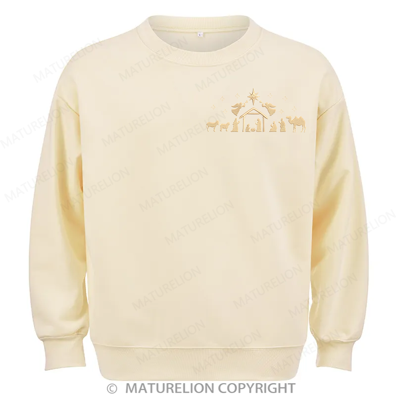 Maturelion Nativity Scene Embroidery  Christmas Cotton Sweatshirt