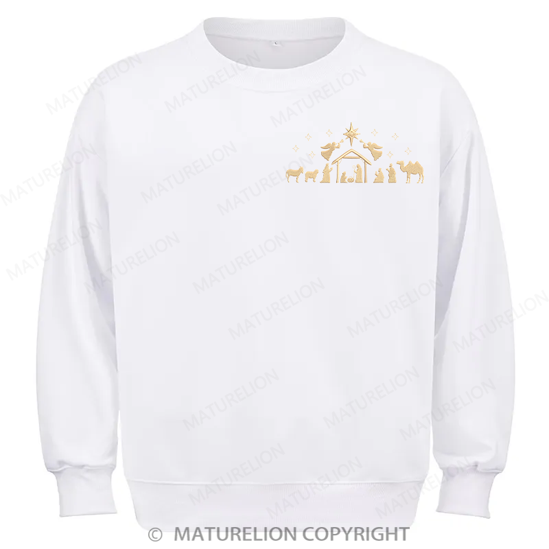 Maturelion Nativity Scene Embroidery  Christmas Cotton Sweatshirt
