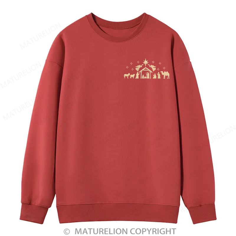 Maturelion Nativity Scene Embroidery  Christmas Cotton Sweatshirt