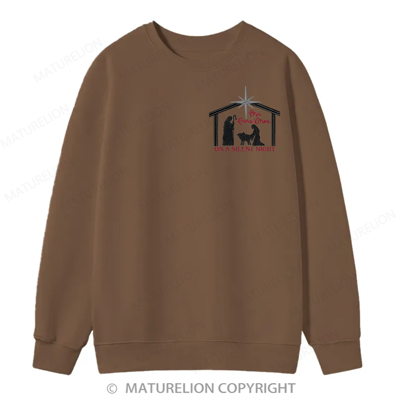 Maturelion Silent Night Embroidery Christmas Cotton Sweatshirt