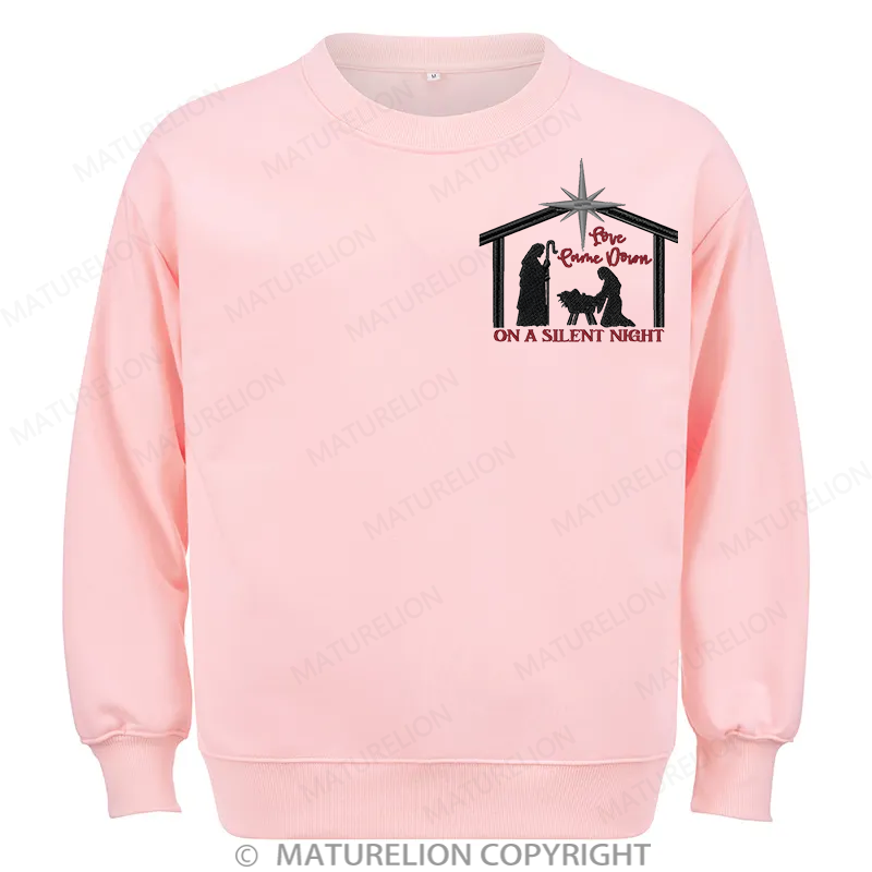 Maturelion Silent Night Embroidery Christmas Cotton Sweatshirt