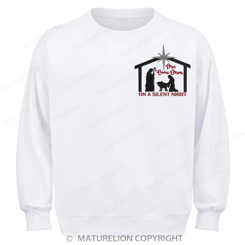 Maturelion Silent Night Embroidery Christmas Cotton Sweatshirt