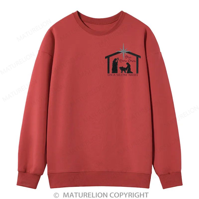 Maturelion Silent Night Embroidery Christmas Cotton Sweatshirt