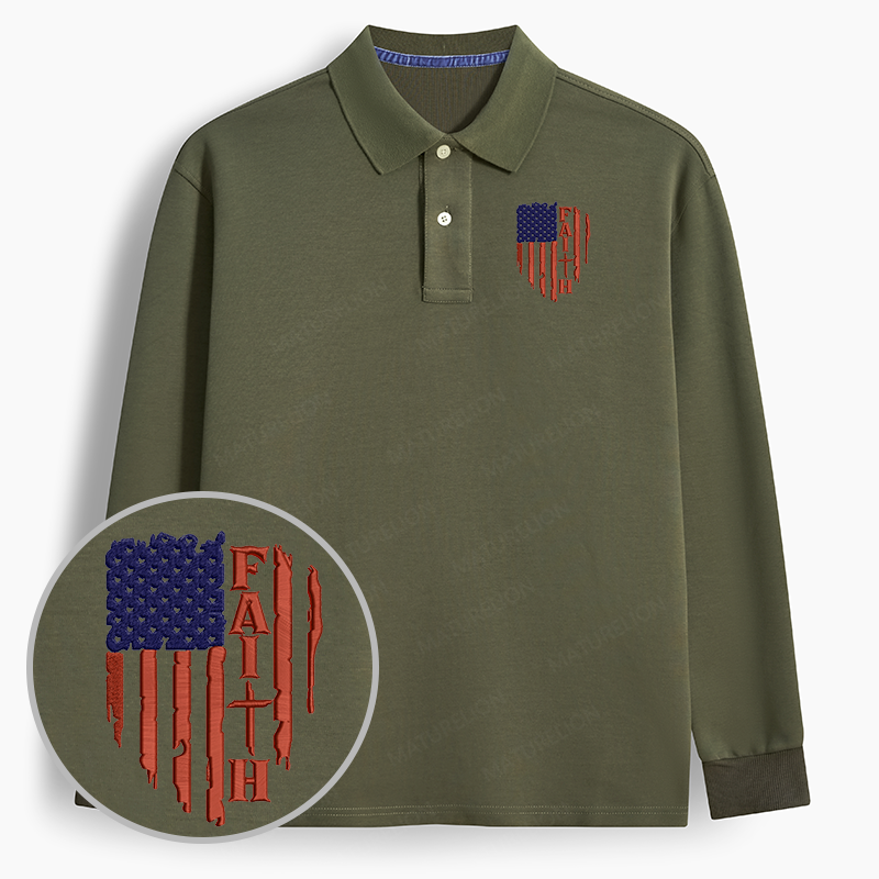 Maturelion Men's Polo American Flag Faith Embroidered Long-sleeve Polo