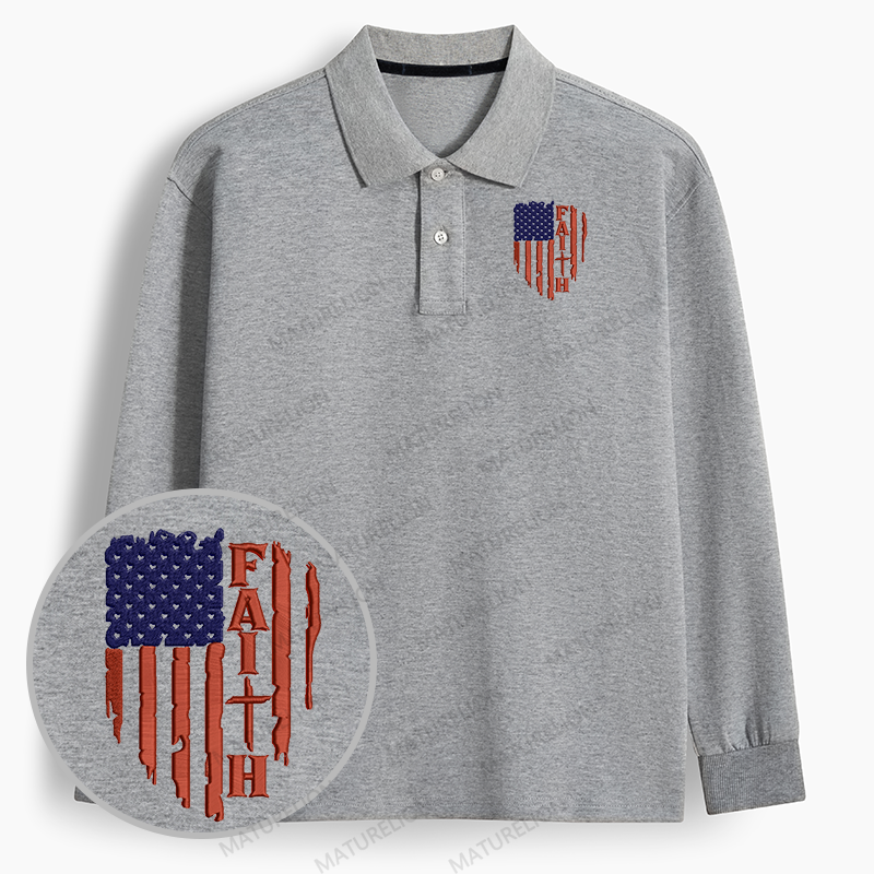 Maturelion Men's Polo American Flag Faith Embroidered Long-sleeve Polo