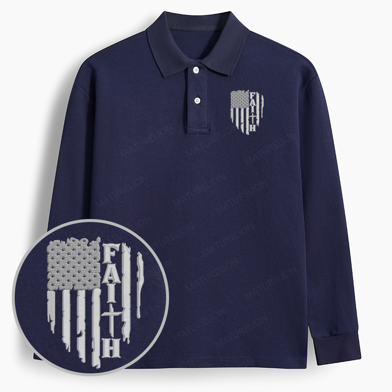 Maturelion Men's Polo American Flag Faith Embroidered Long-sleeve Polo
