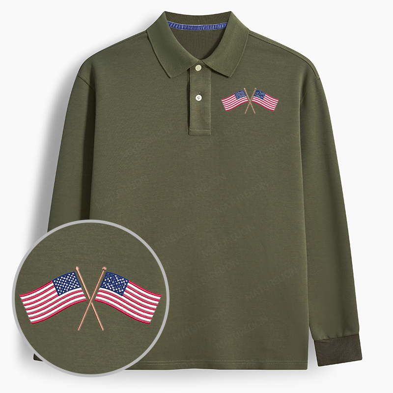 Maturelion Men's Polo American Flag Machine Embroidered Long-sleeve Polo