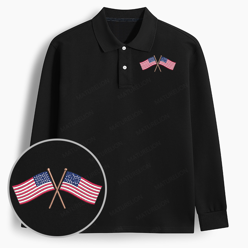 Maturelion Men's Polo American Flag Machine Embroidered Long-sleeve Polo