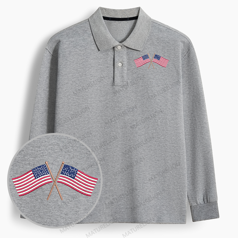 Maturelion Men's Polo American Flag Machine Embroidered Long-sleeve Polo