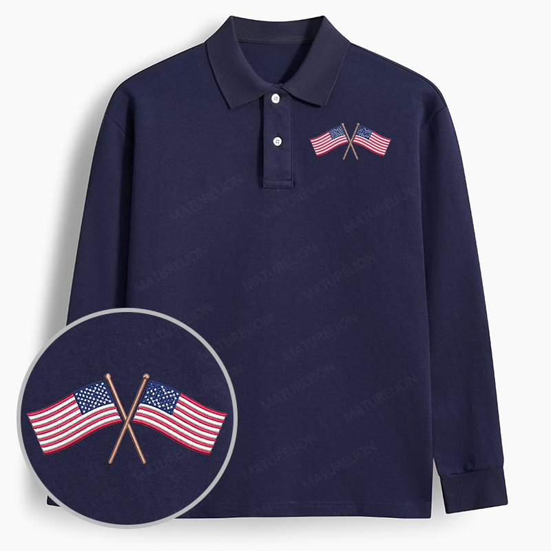 Maturelion Men's Polo American Flag Machine Embroidered Long-sleeve Polo