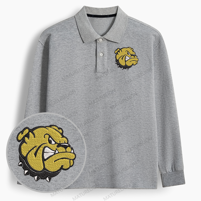 Maturelion Men's Polo Devil Dog Embroidered Long-sleeve Polo