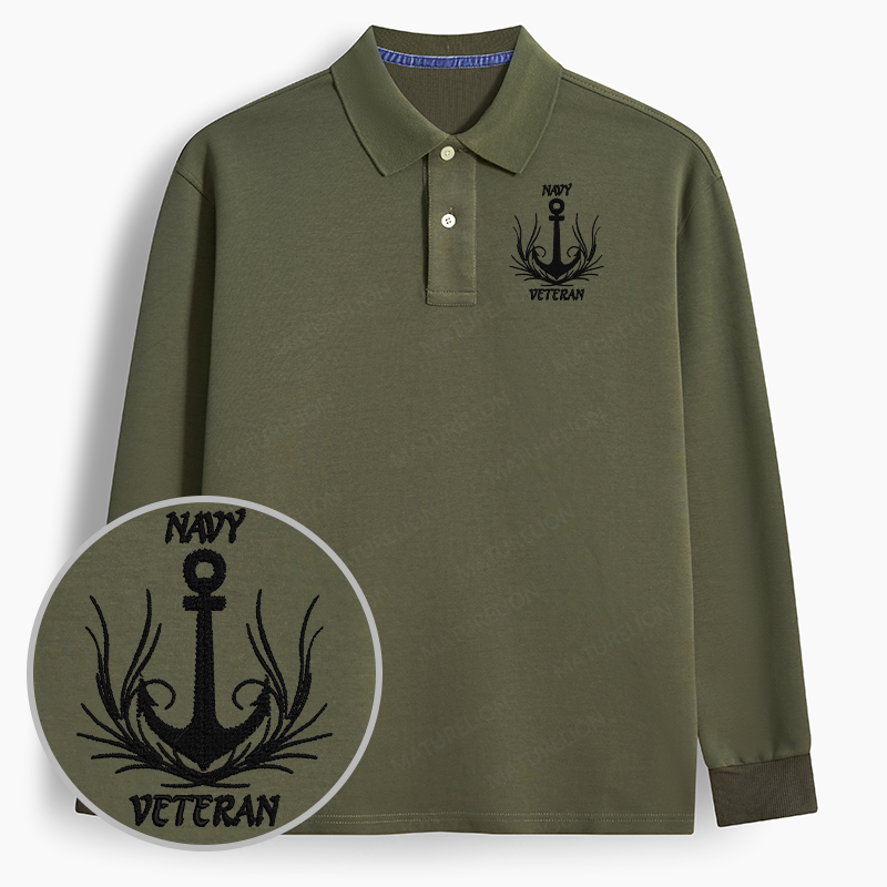 Maturelion Men's Polo Navy Veteran Embroidered Long-sleeve Polo