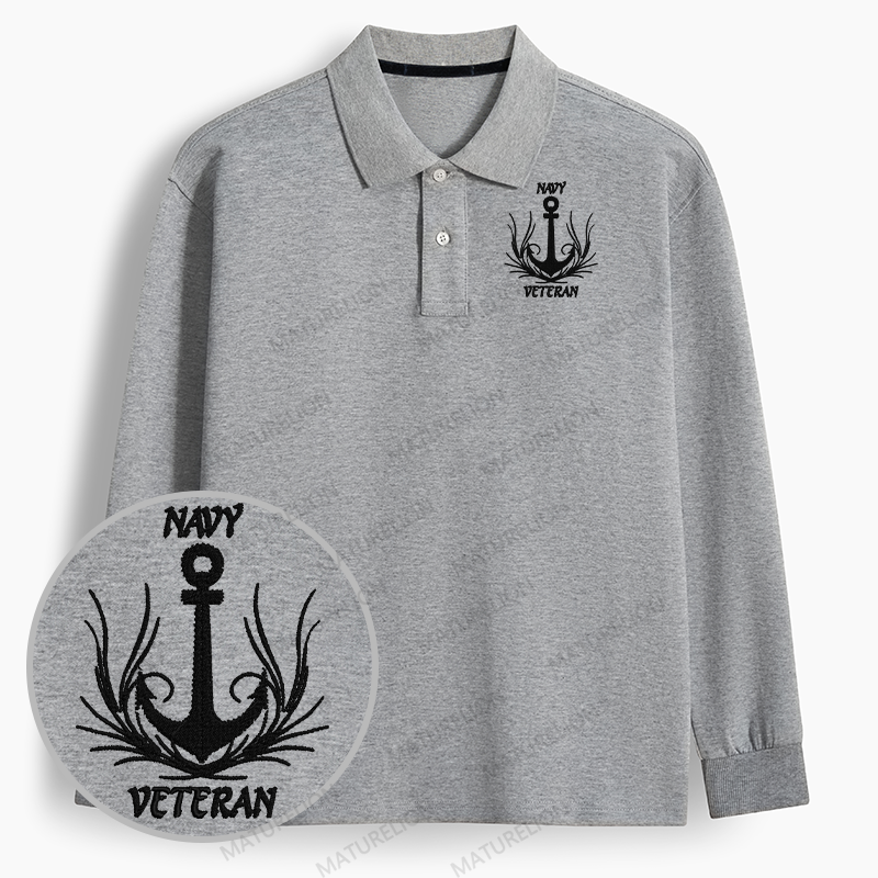 Maturelion Men's Polo Navy Veteran Embroidered Long-sleeve Polo