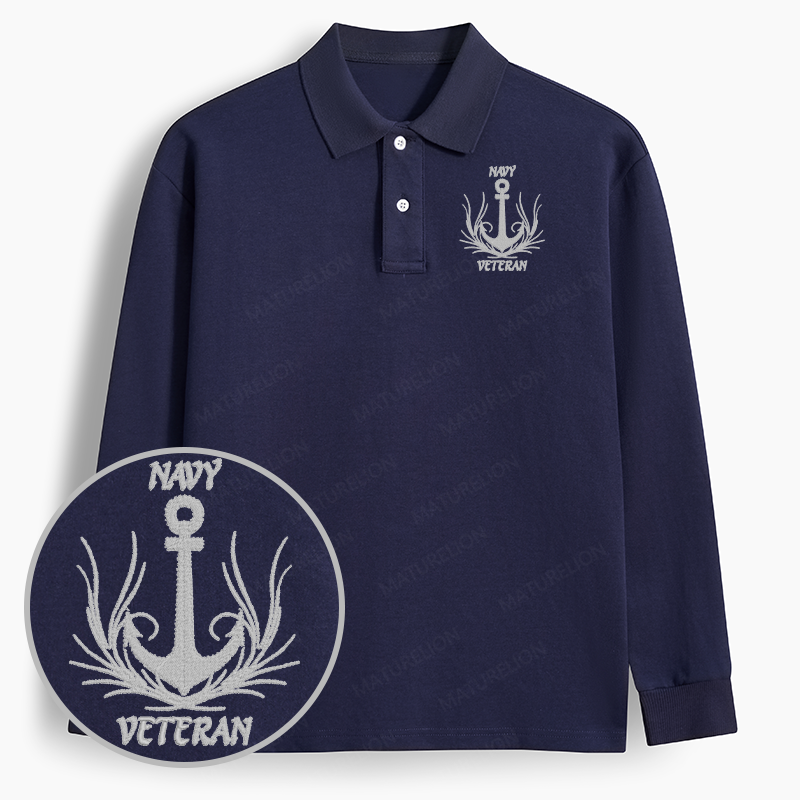 Maturelion Men's Polo Navy Veteran Embroidered Long-sleeve Polo
