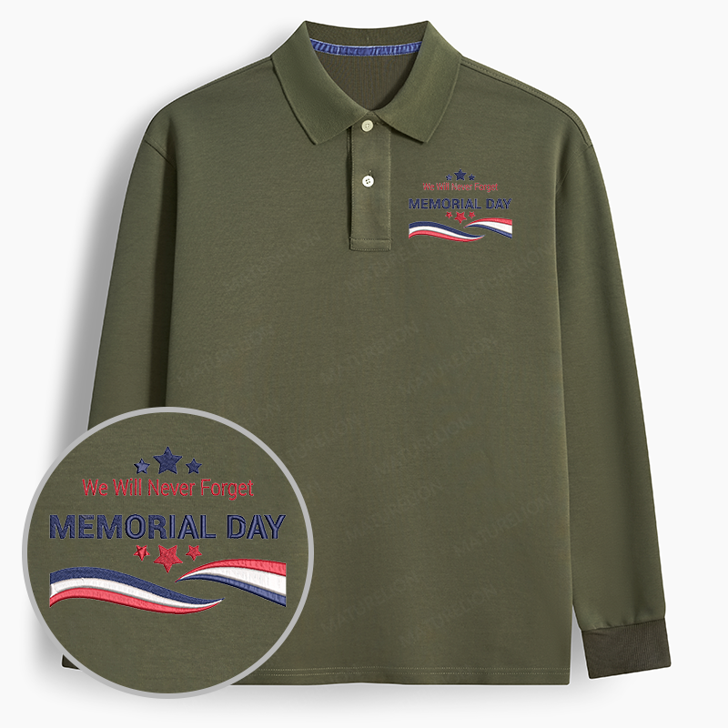Maturelion Men's Polo Never Forget Memorial Day Embroidered Long-sleeve Polo