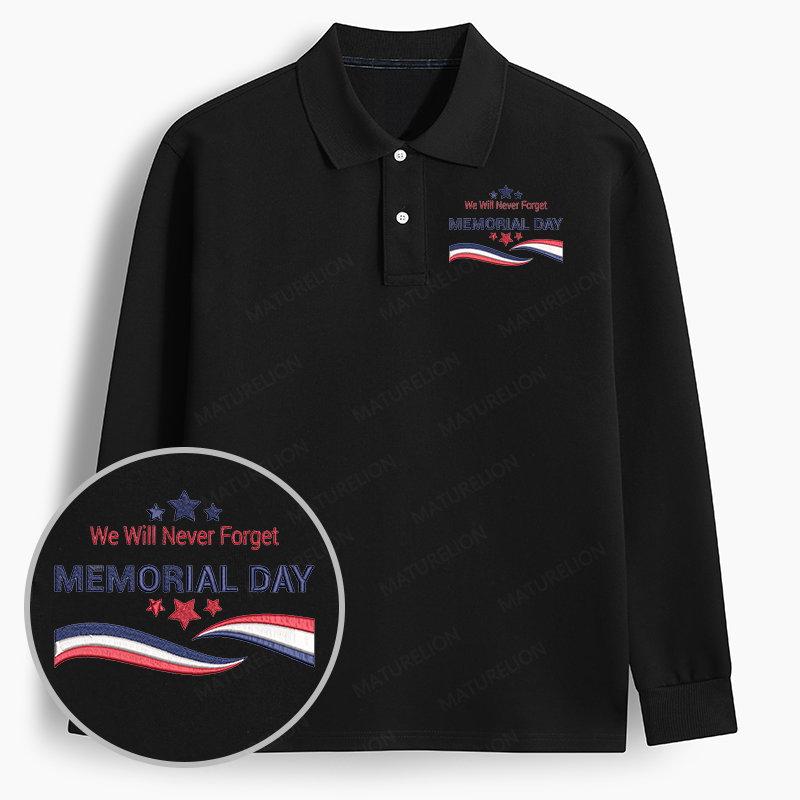 Maturelion Men's Polo Never Forget Memorial Day Embroidered Long-sleeve Polo
