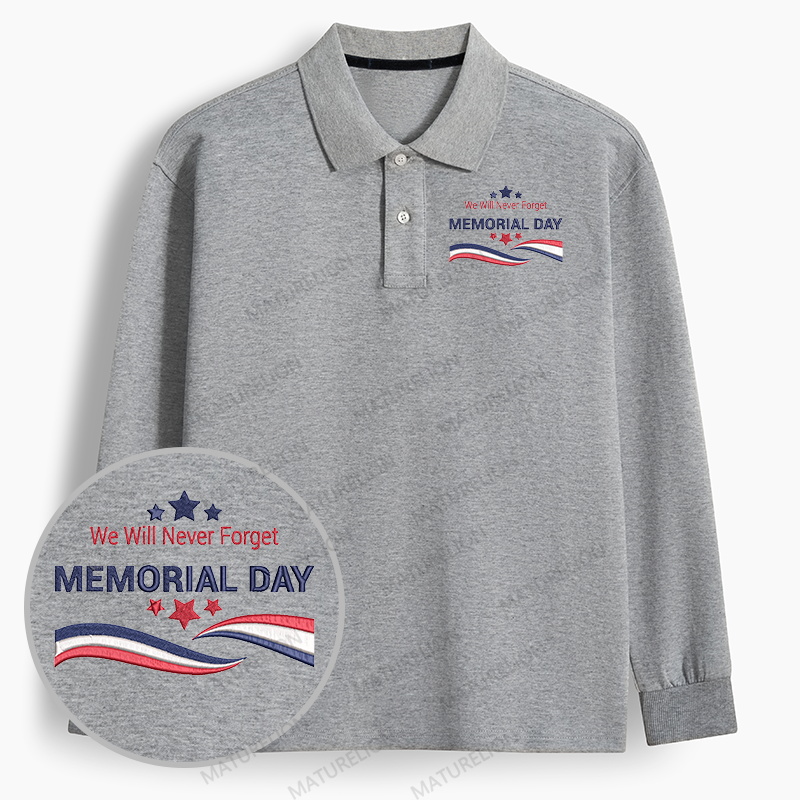 Maturelion Men's Polo Never Forget Memorial Day Embroidered Long-sleeve Polo