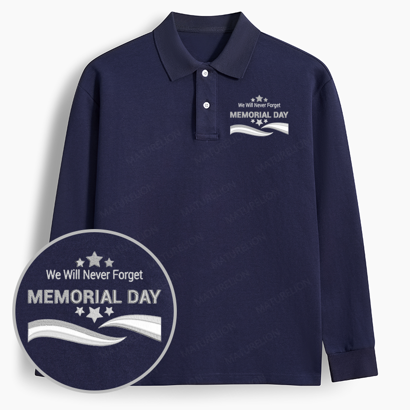 Maturelion Men's Polo Never Forget Memorial Day Embroidered Long-sleeve Polo