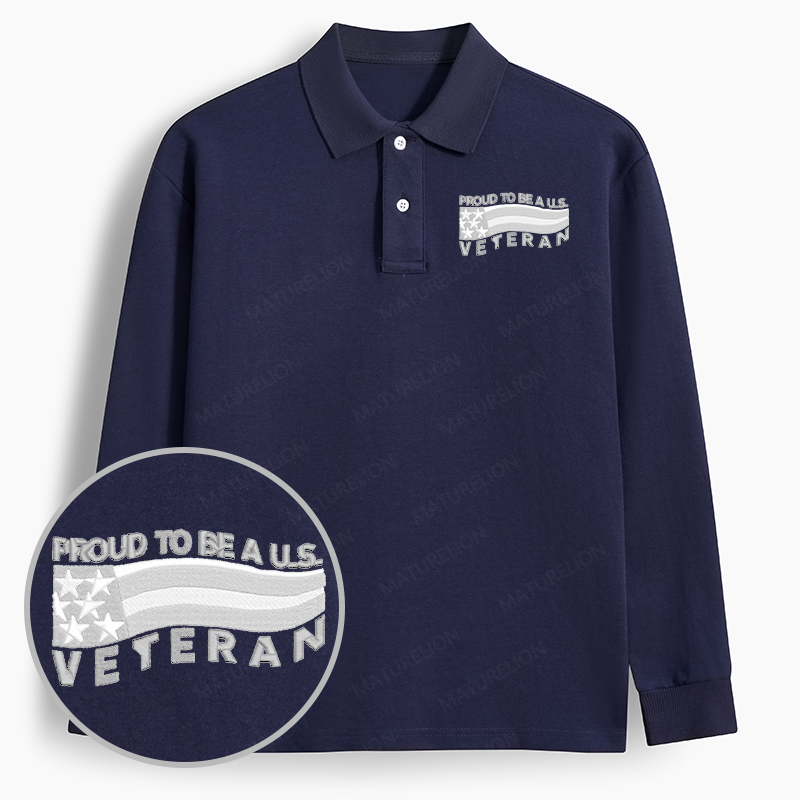 Maturelion Men's Polo Proud To Be A US Veteran Embroidered Long-sleeve Polo