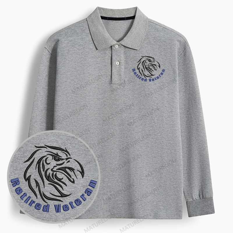 Maturelion Men's Polo Retired Veteran Embroidery Long-sleeve Polo