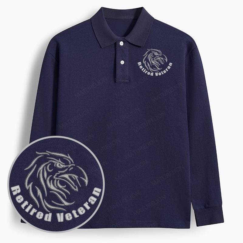 Maturelion Men's Polo Retired Veteran Embroidery Long-sleeve Polo
