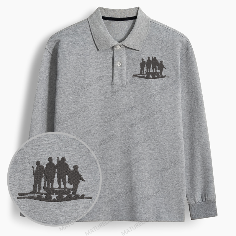 Maturelion Men's Polo Soldiers Embroidered Long-sleeve Polo