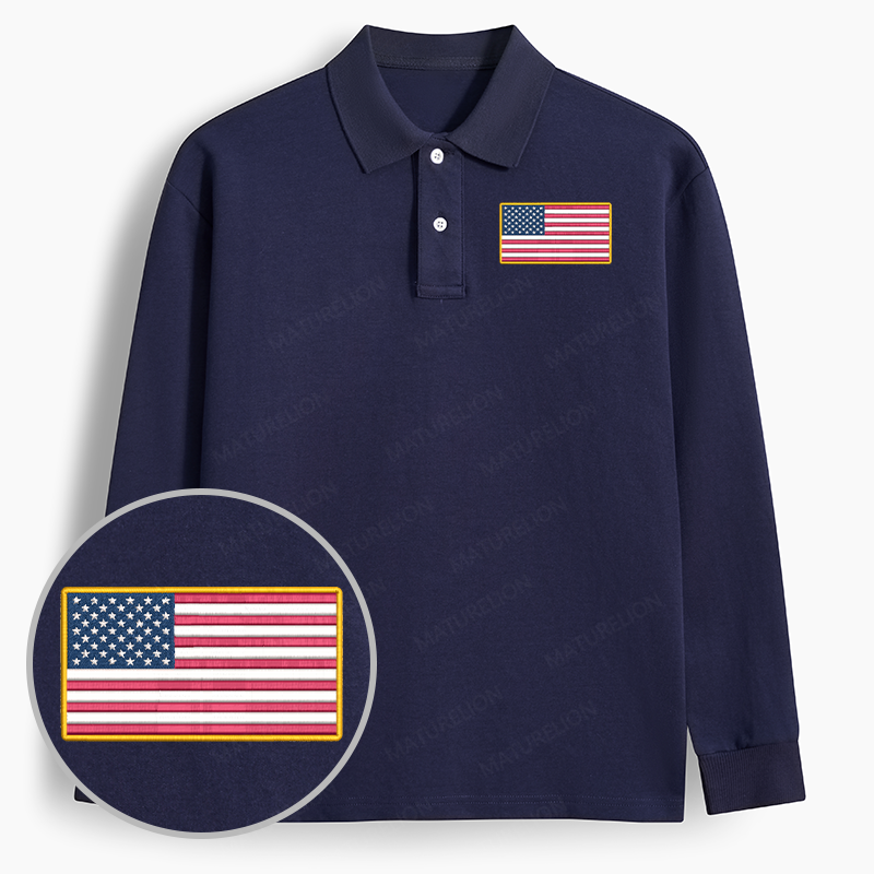 Maturelion Men's Polo USA Flag Embroidered Long-sleeve Polo