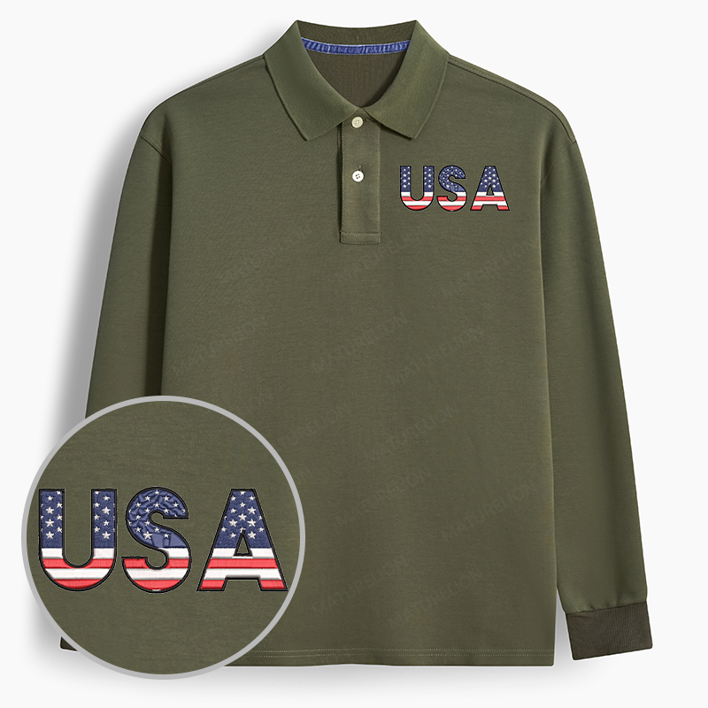 Maturelion Men's Polo USA Flag Letters Embroidered Long-sleeve Polo