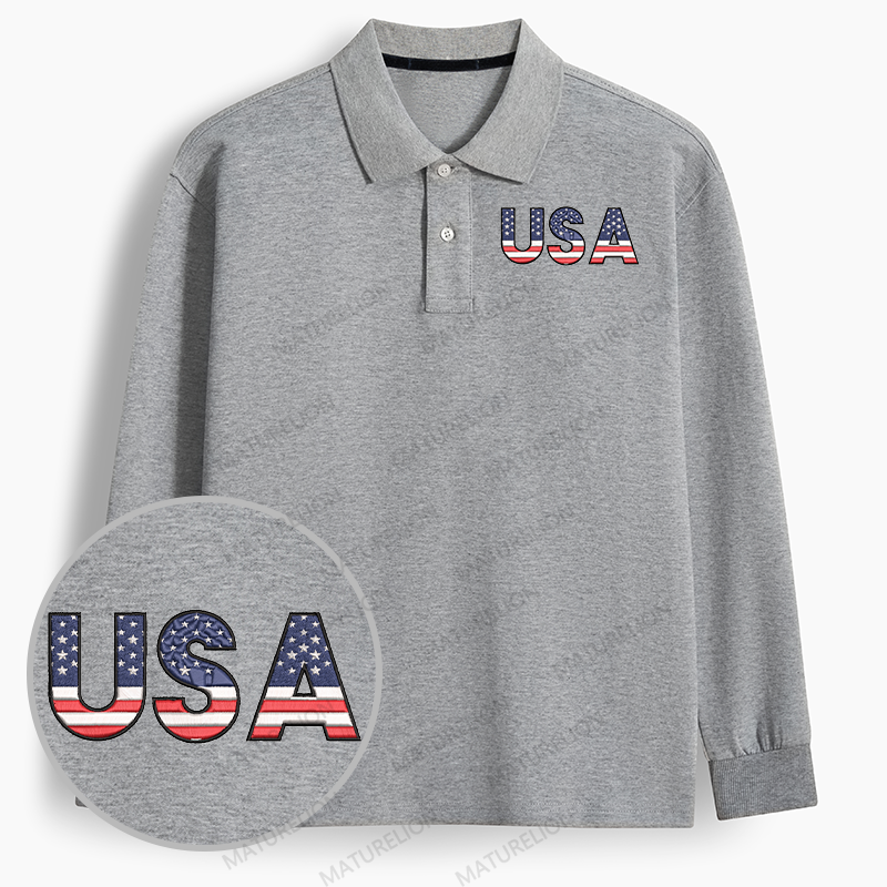 Maturelion Men's Polo USA Flag Letters Embroidered Long-sleeve Polo