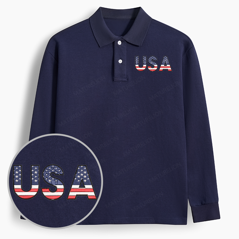 Maturelion Men's Polo USA Flag Letters Embroidered Long-sleeve Polo