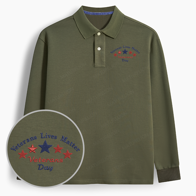 Maturelion Men's Polo Veterans Matter - Machine Embroidered Long-sleeve Polo