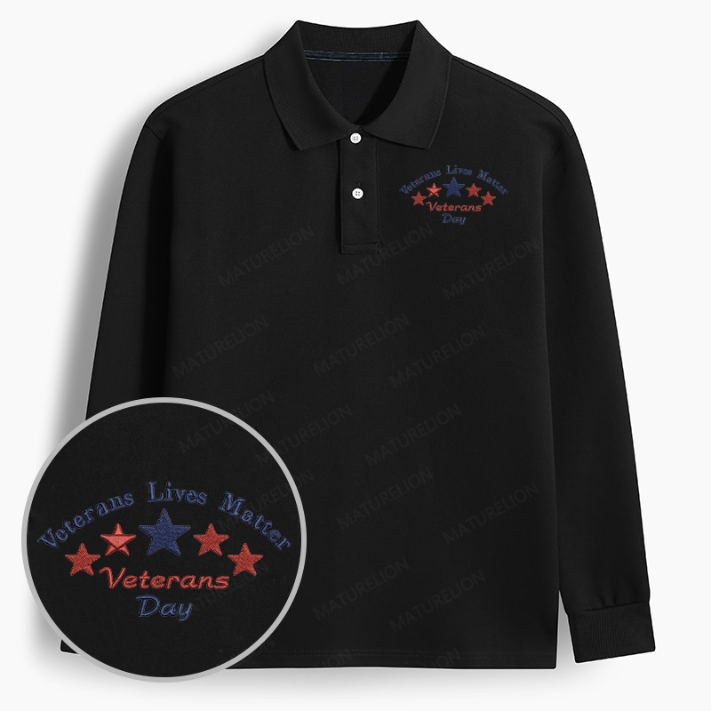 Maturelion Men's Polo Veterans Matter - Machine Embroidered Long-sleeve Polo