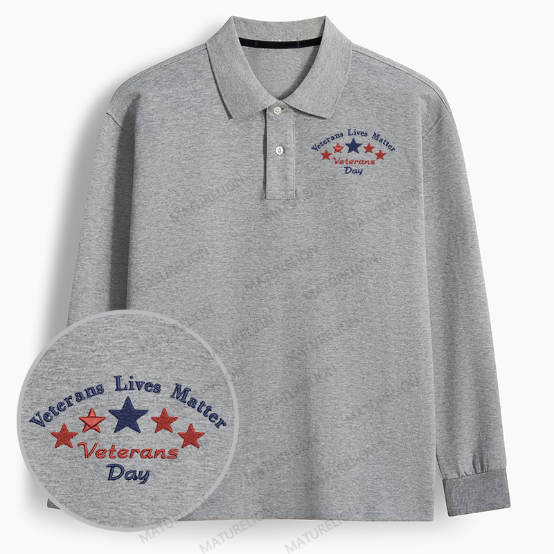 Maturelion Men's Polo Veterans Matter - Machine Embroidered Long-sleeve Polo