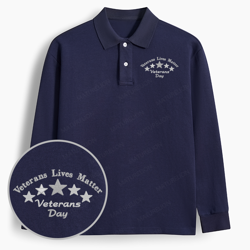 Maturelion Men's Polo Veterans Matter - Machine Embroidered Long-sleeve Polo